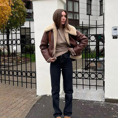 Elegant Solid Lamb Woolen Patchwork Chic Lapel Long Sleeve Zipper Leather Thicken Jacket