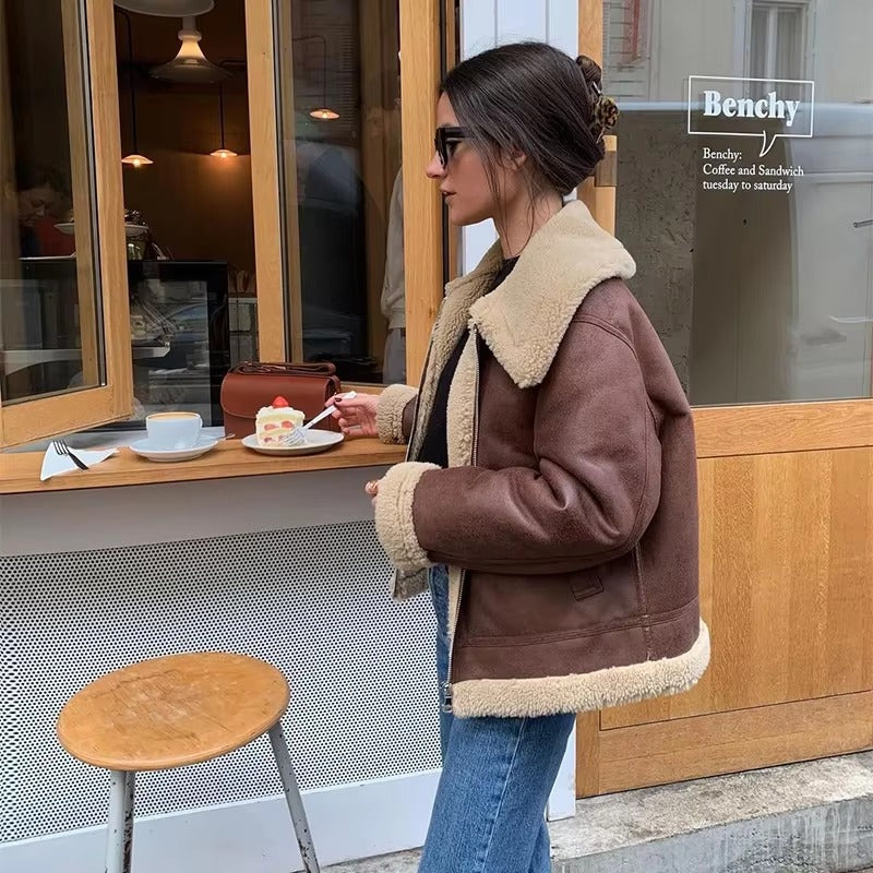 Elegant Solid Lamb Woolen Patchwork Chic Lapel Long Sleeve Zipper Leather Thicken Jacket