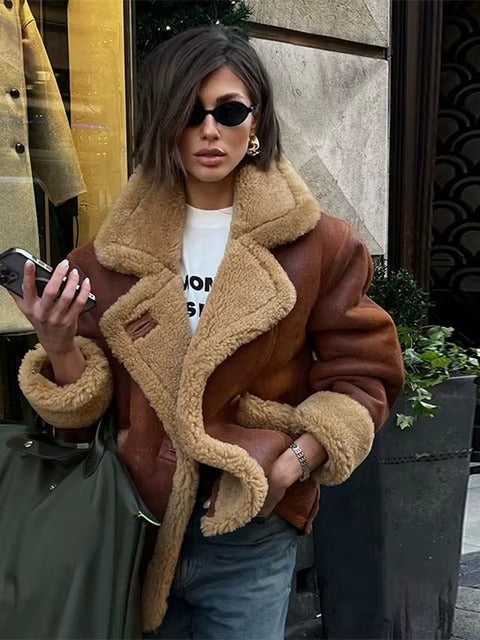 Elegant Solid Lamb Woolen Patchwork Chic Lapel Long Sleeve Zipper Leather Thicken Jacket