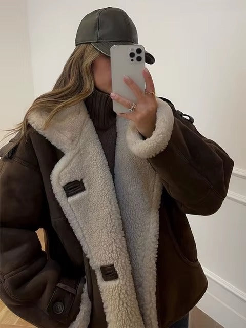Elegant Solid Lamb Woolen Patchwork Chic Lapel Long Sleeve Zipper Leather Thicken Jacket