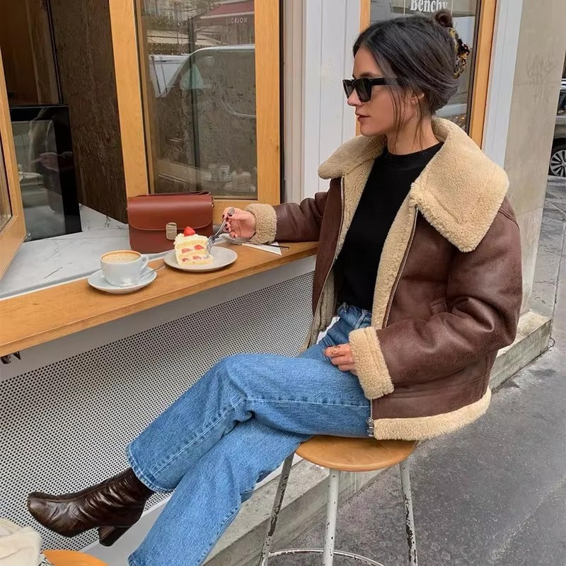 Elegant Solid Lamb Woolen Patchwork Chic Lapel Long Sleeve Zipper Leather Thicken Jacket