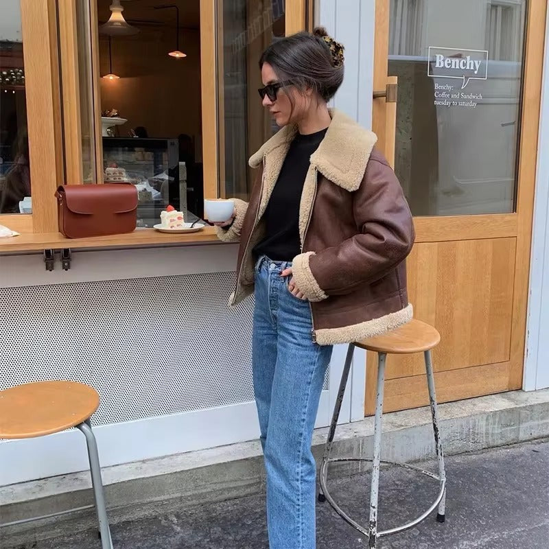 Elegant Solid Lamb Woolen Patchwork Chic Lapel Long Sleeve Zipper Leather Thicken Jacket