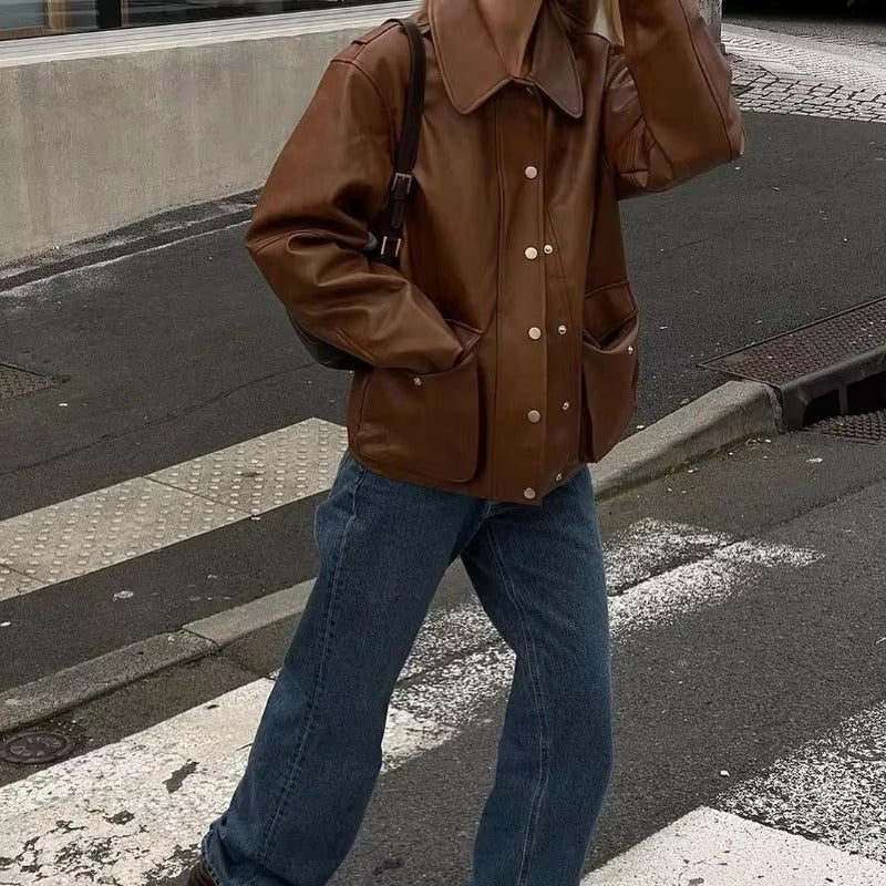 Elegant Solid Lapel Leather Chic Long Sleeves Single Breasted Pocket Short Jacket