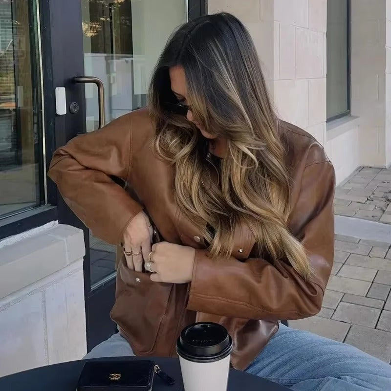Elegant Solid Lapel Leather Chic Long Sleeves Single Breasted Pocket Short Jacket