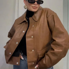 Elegant Solid Lapel Leather Chic Long Sleeves Single Breasted Pocket Short Jacket