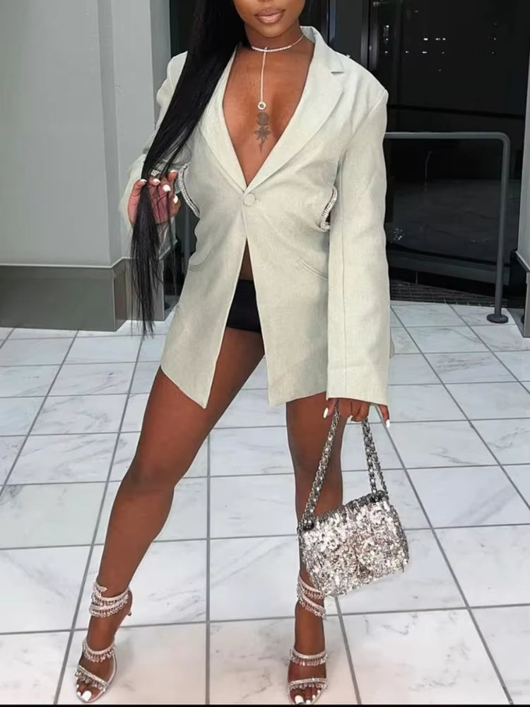 Elegant Solid Loose Lapel Long Sleeve Patchwork Hollow Out High Street Coat Blazer