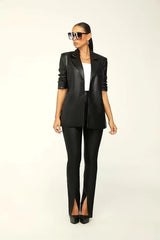 Elegant Solid Notched Lapel PU Leather Slimming Suit Jacket Skirt Set