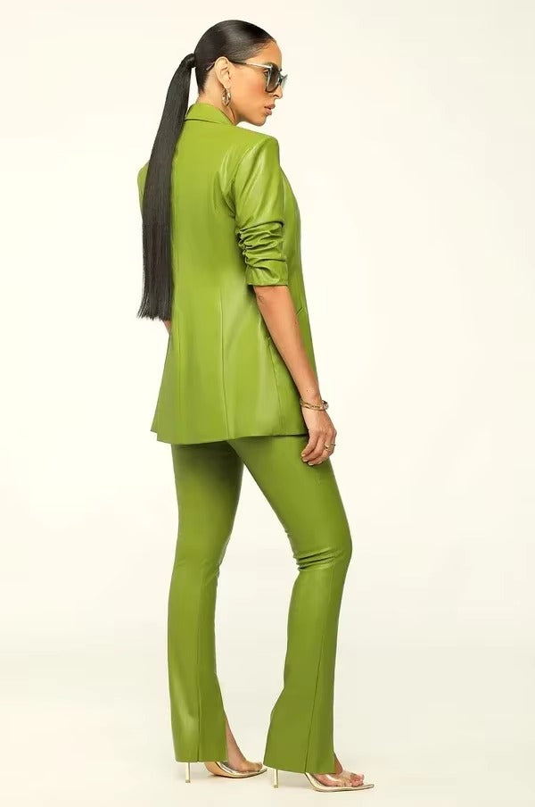 Elegant Solid Notched Lapel PU Leather Slimming Suit Jacket Skirt Set