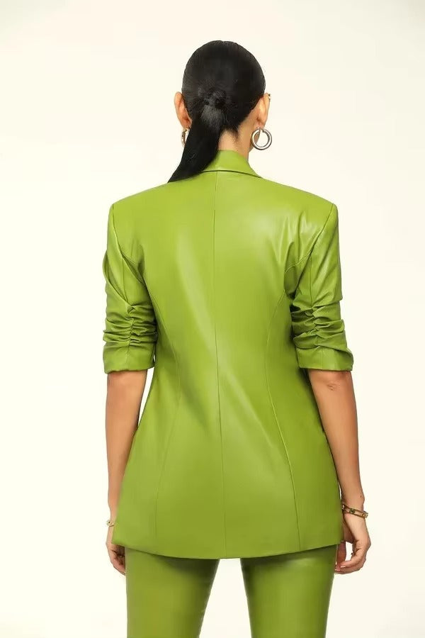 Elegant Solid Notched Lapel PU Leather Slimming Suit Jacket Skirt Set