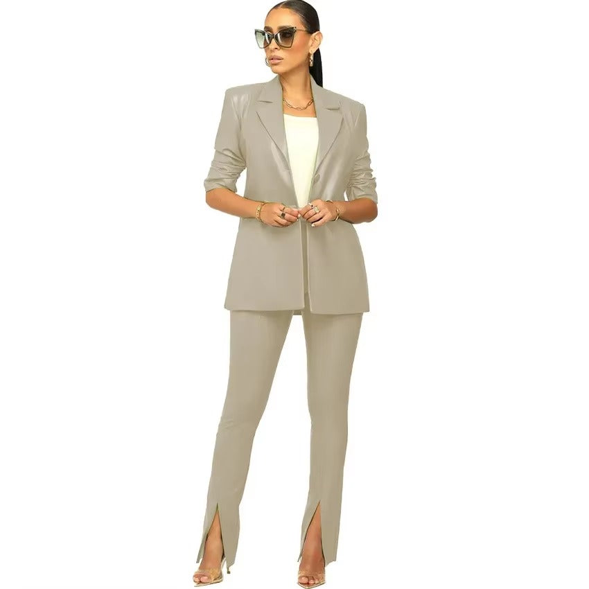 Elegant Solid Notched Lapel PU Leather Slimming Suit Jacket Skirt Set