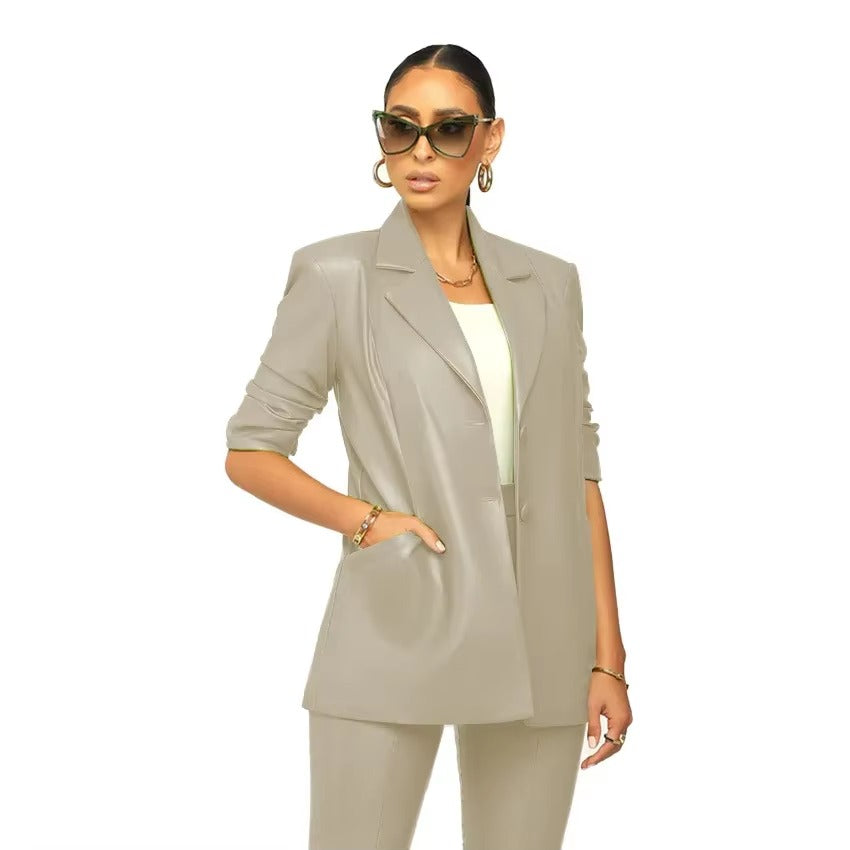 Elegant Solid Notched Lapel PU Leather Slimming Suit Jacket Skirt Set