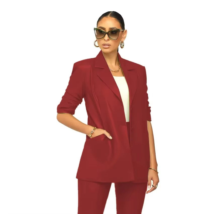 Elegant Solid Notched Lapel PU Leather Slimming Suit Jacket Skirt Set