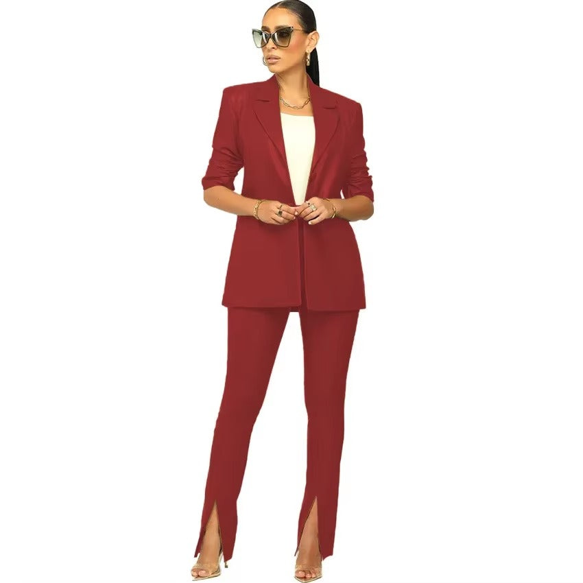 Elegant Solid Notched Lapel PU Leather Slimming Suit Jacket Skirt Set