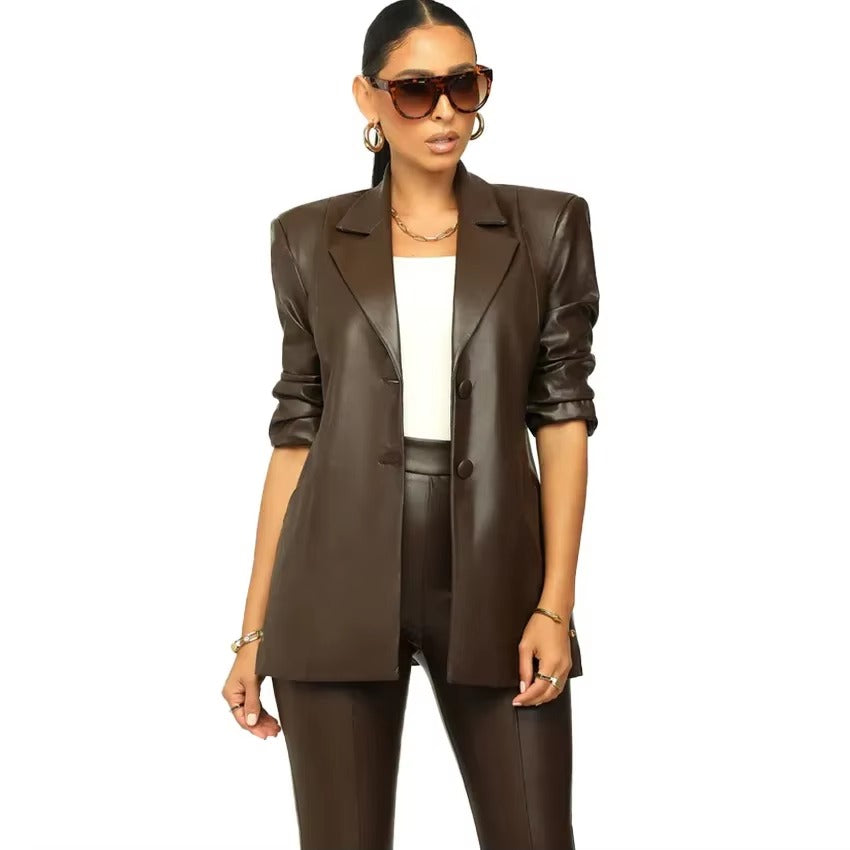 Elegant Solid Notched Lapel PU Leather Slimming Suit Jacket Skirt Set