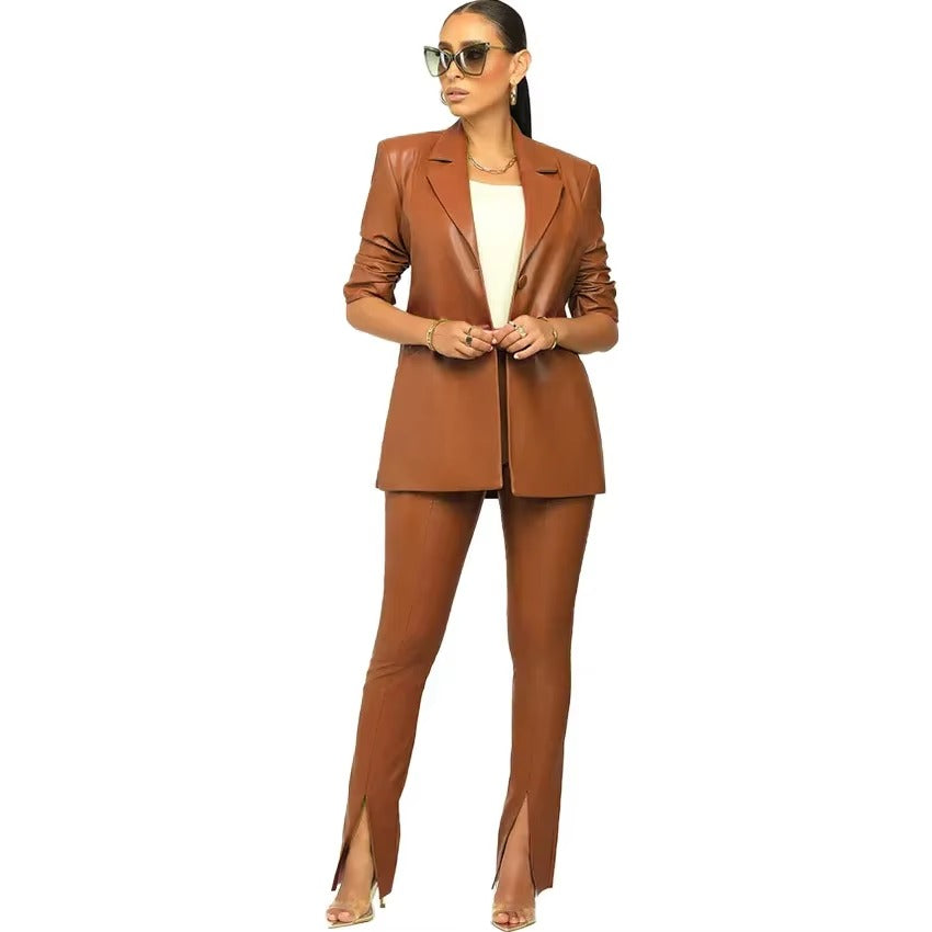 Elegant Solid Notched Lapel PU Leather Slimming Suit Jacket Skirt Set