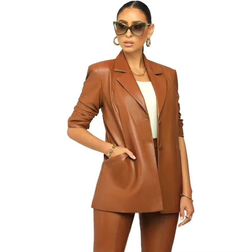 Elegant Solid Notched Lapel PU Leather Slimming Suit Jacket Skirt Set