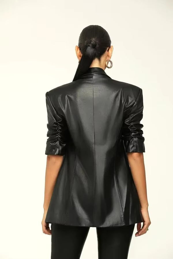 Elegant Solid Notched Lapel PU Leather Slimming Suit Jacket Skirt Set