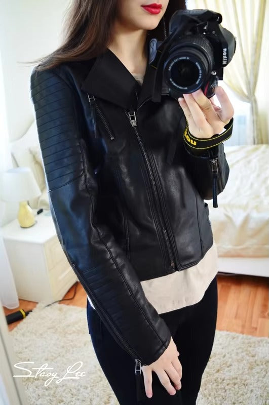 Elegant Solid O-Neck Punk PU Faux Leather Basic Bomber Jackets