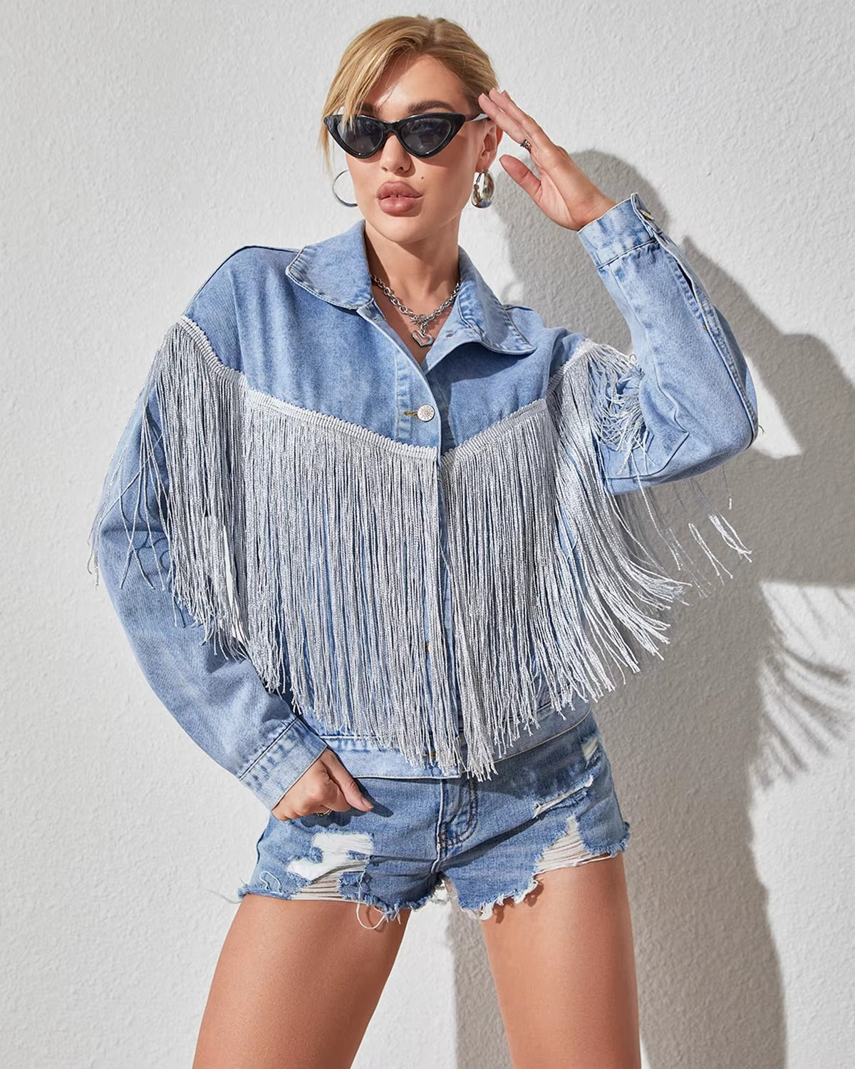 Elegant Solid tassel Long Sleeve Oversized Fringe Denim Jean Jacket
