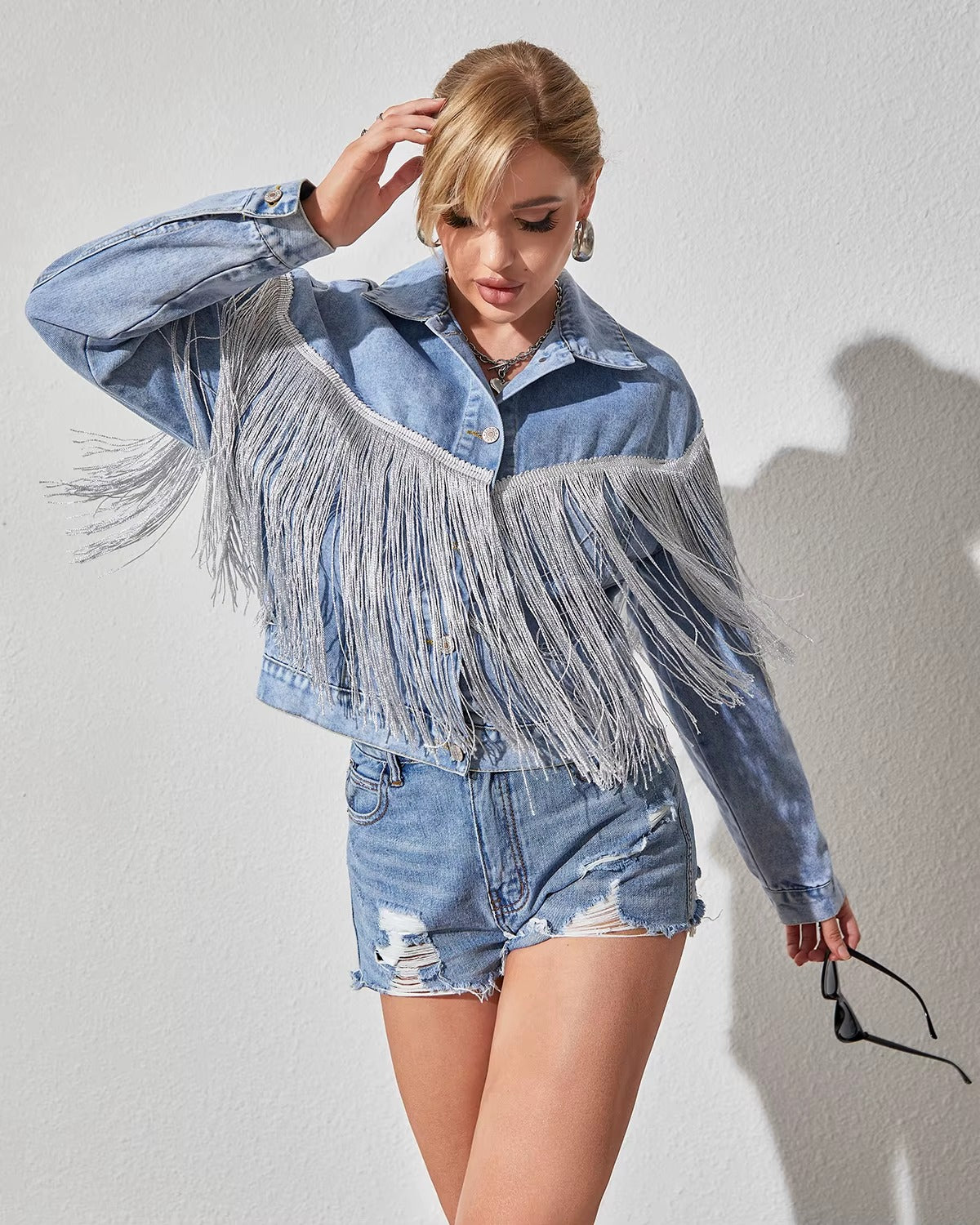 Elegant Solid tassel Long Sleeve Oversized Fringe Denim Jean Jacket