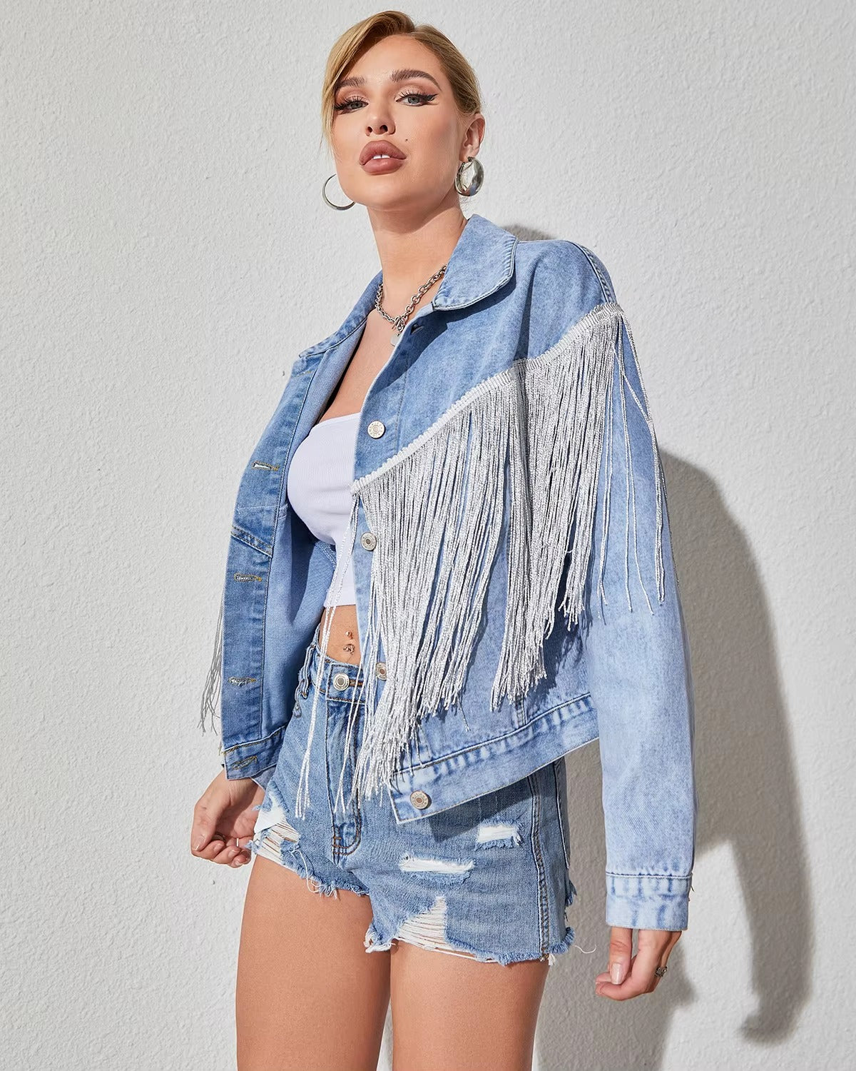 Elegant Solid tassel Long Sleeve Oversized Fringe Denim Jean Jacket