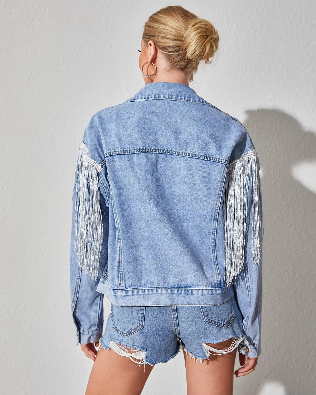 Elegant Solid tassel Long Sleeve Oversized Fringe Denim Jean Jacket