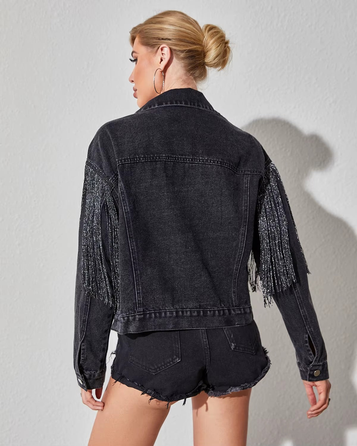 Elegant Solid tassel Long Sleeve Oversized Fringe Denim Jean Jacket