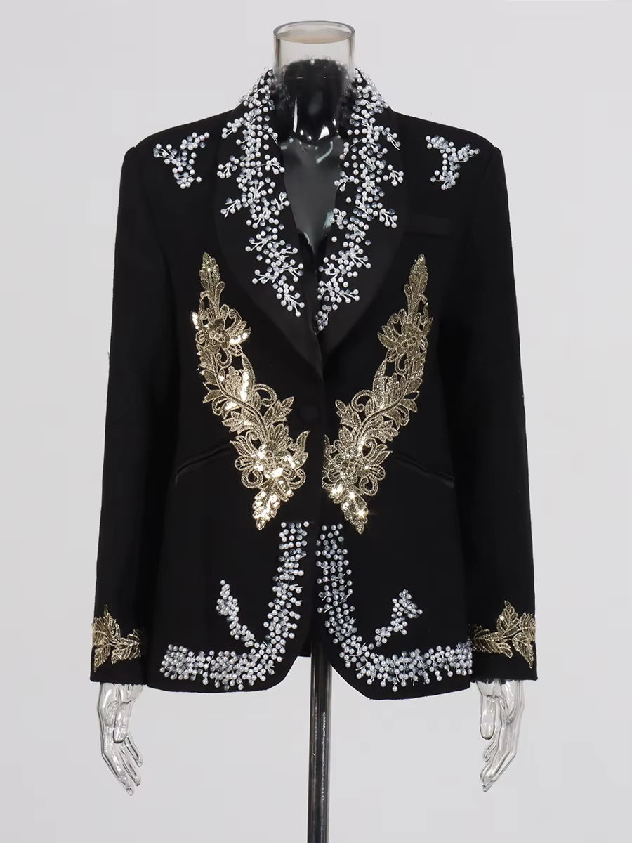 Elegant Spliced Pearl Temperament Lapel Long Sleeve Tunic Blazers