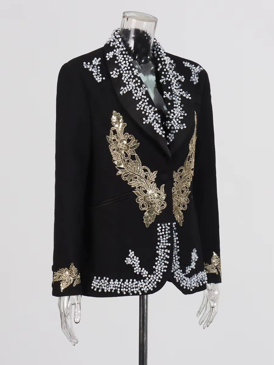 Elegant Spliced Pearl Temperament Lapel Long Sleeve Tunic Blazers