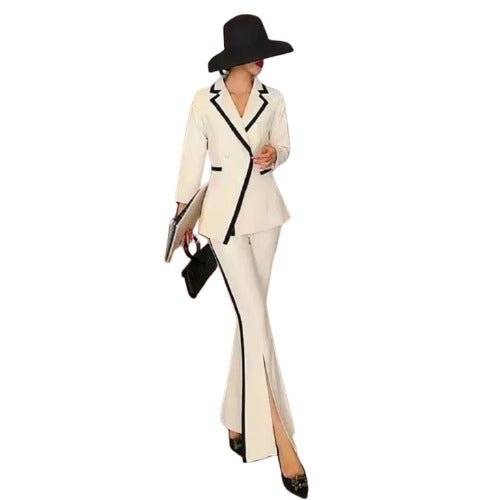 Elegant Split Double Breasted Flare Pants Patchwork Office Lady Coat Jacket Two Pieces Suits