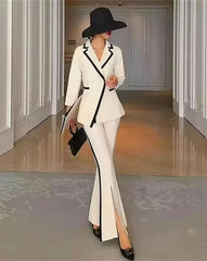 Elegant Split Double Breasted Flare Pants Patchwork Office Lady Coat Jacket Two Pieces Suits