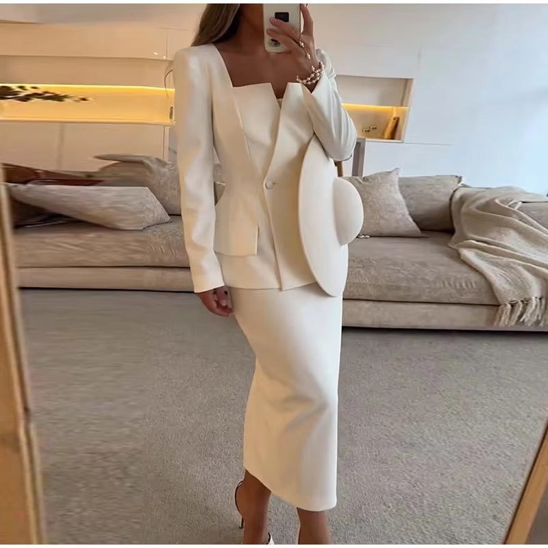 Elegant Square Collar Long Skirts And Blazers 2 Piece Set