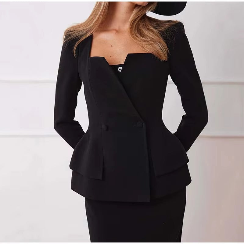 Elegant Square Collar Long Skirts And Blazers 2 Piece Set