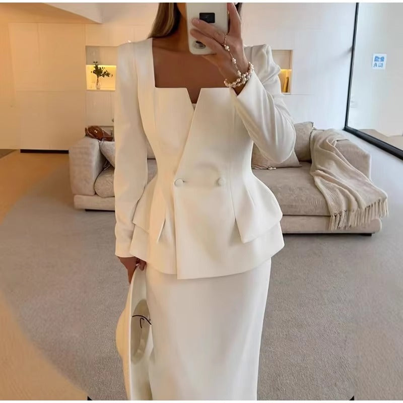 Elegant Square Collar Long Skirts And Blazers 2 Piece Set