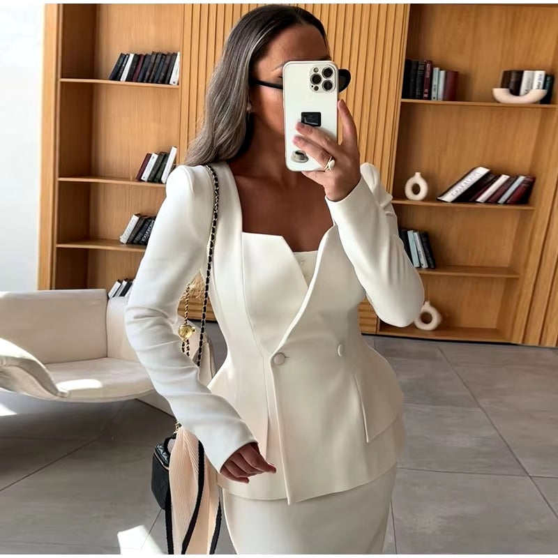 Elegant Square Collar Long Skirts And Blazers 2 Piece Set