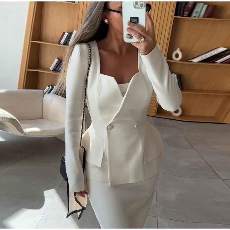 Elegant Square Collar Long Skirts And Blazers 2 Piece Set
