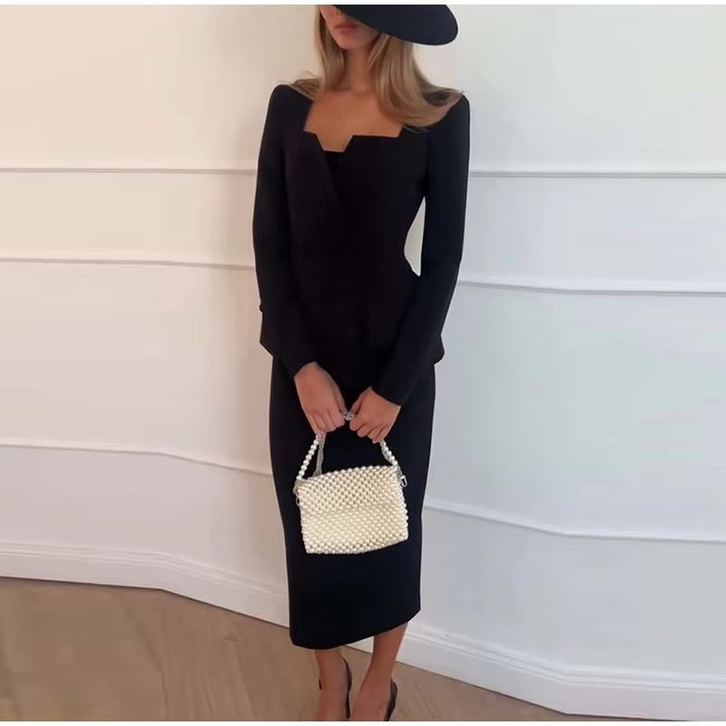 Elegant Square Collar Long Skirts And Blazers 2 Piece Set