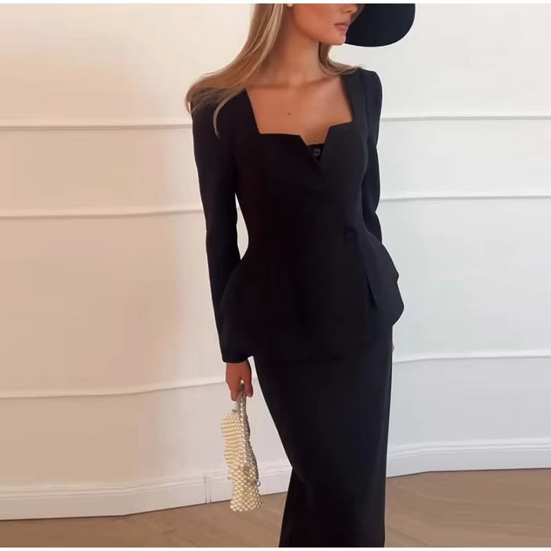 Elegant Square Collar Long Skirts And Blazers 2 Piece Set