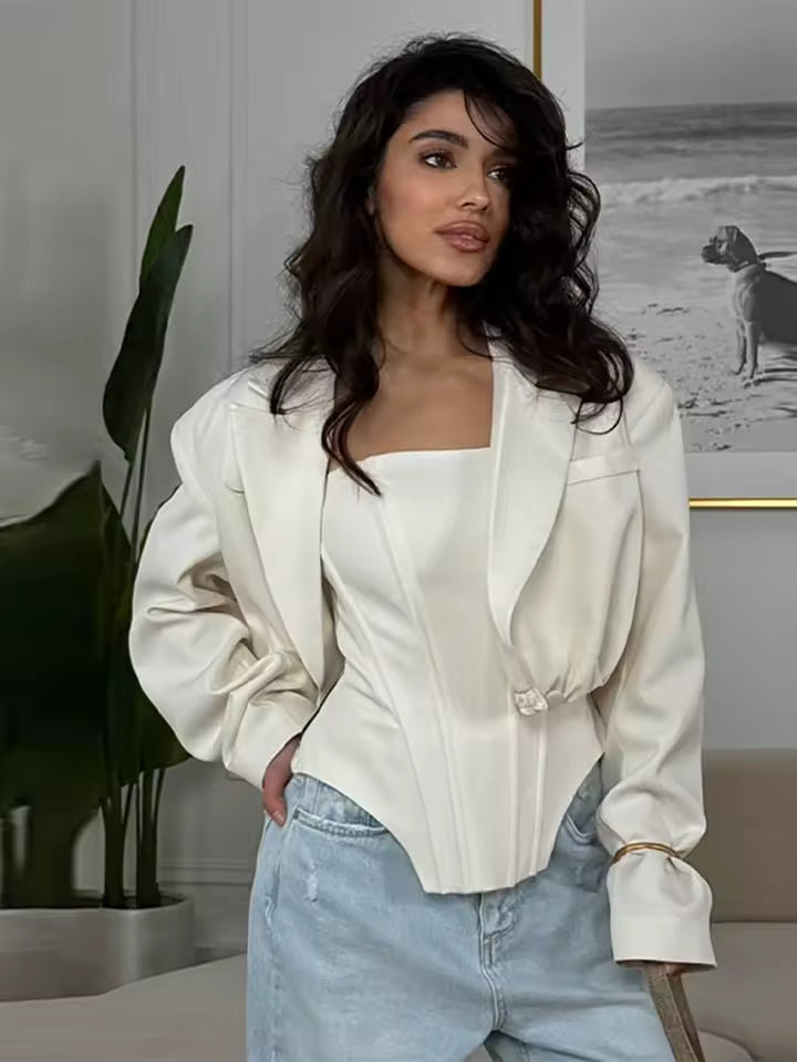 Elegant Strapless Slim Vest Solid Color Loose Short Two-Piece Jacket