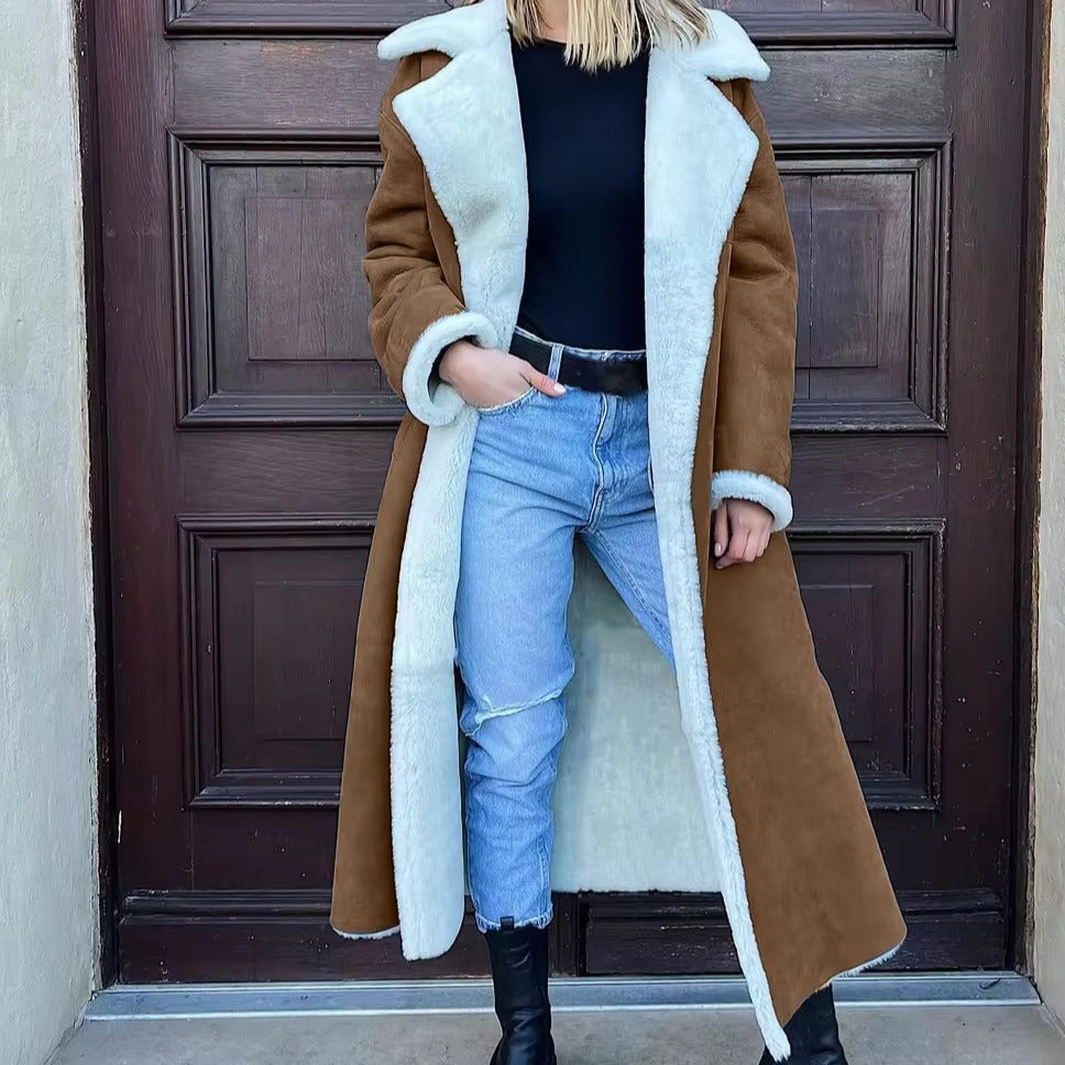 Elegant Turn Down Collar Full Sleeve Warm Thick Splice Maxi Jackets