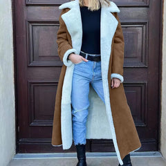 Elegant Turn Down Collar Full Sleeve Warm Thick Splice Maxi Jackets