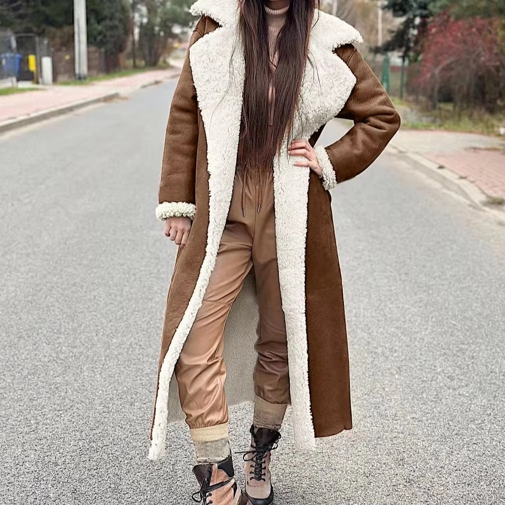 Elegant Turn Down Collar Full Sleeve Warm Thick Splice Maxi Jackets