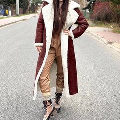 Elegant Turn Down Collar Full Sleeve Warm Thick Splice Maxi Jackets
