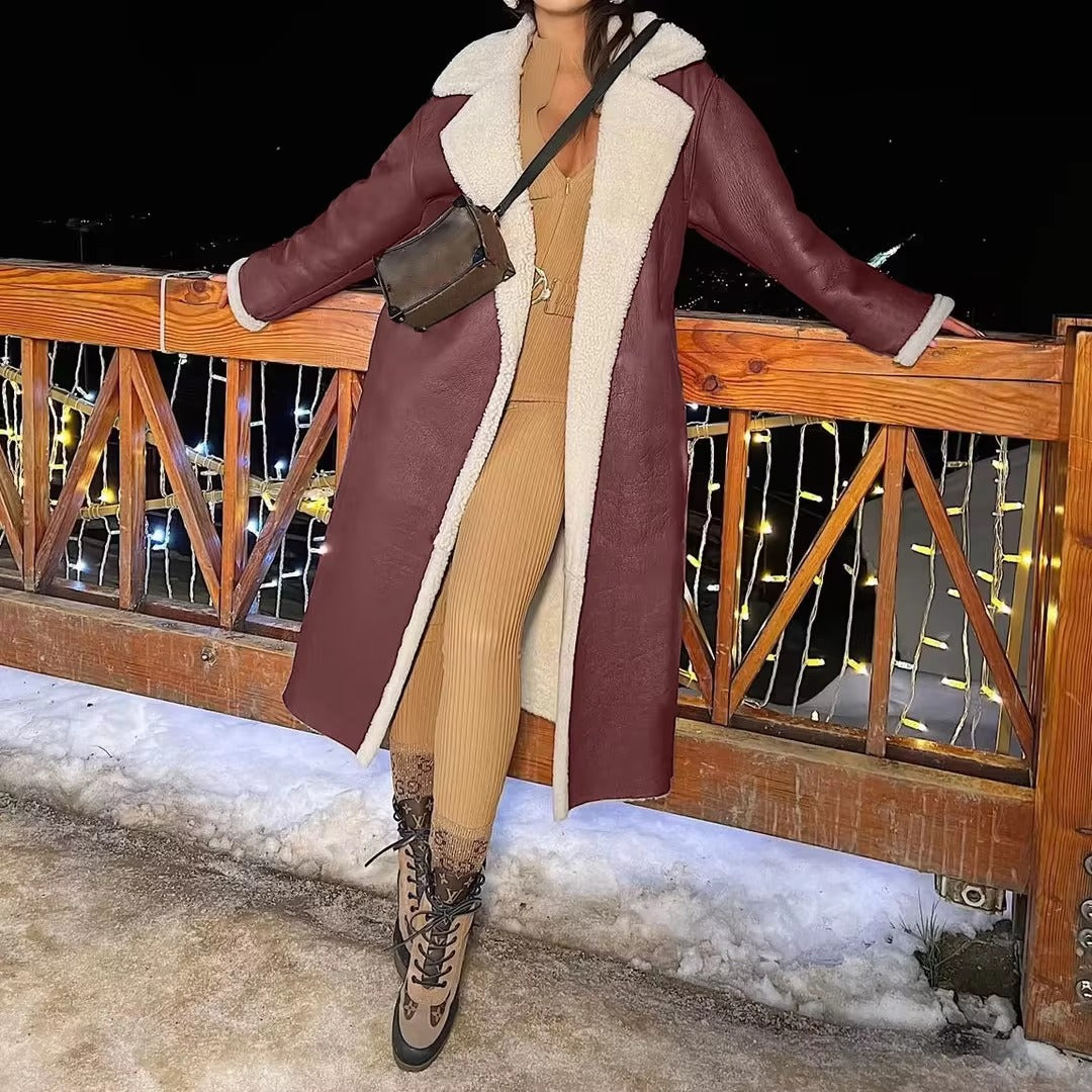 Elegant Turn Down Collar Full Sleeve Warm Thick Splice Maxi Jackets