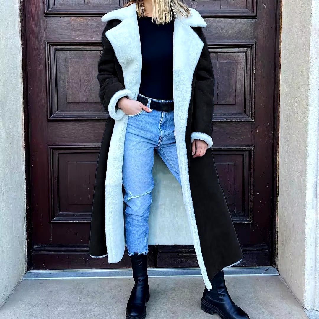 Elegant Turn Down Collar Full Sleeve Warm Thick Splice Maxi Jackets