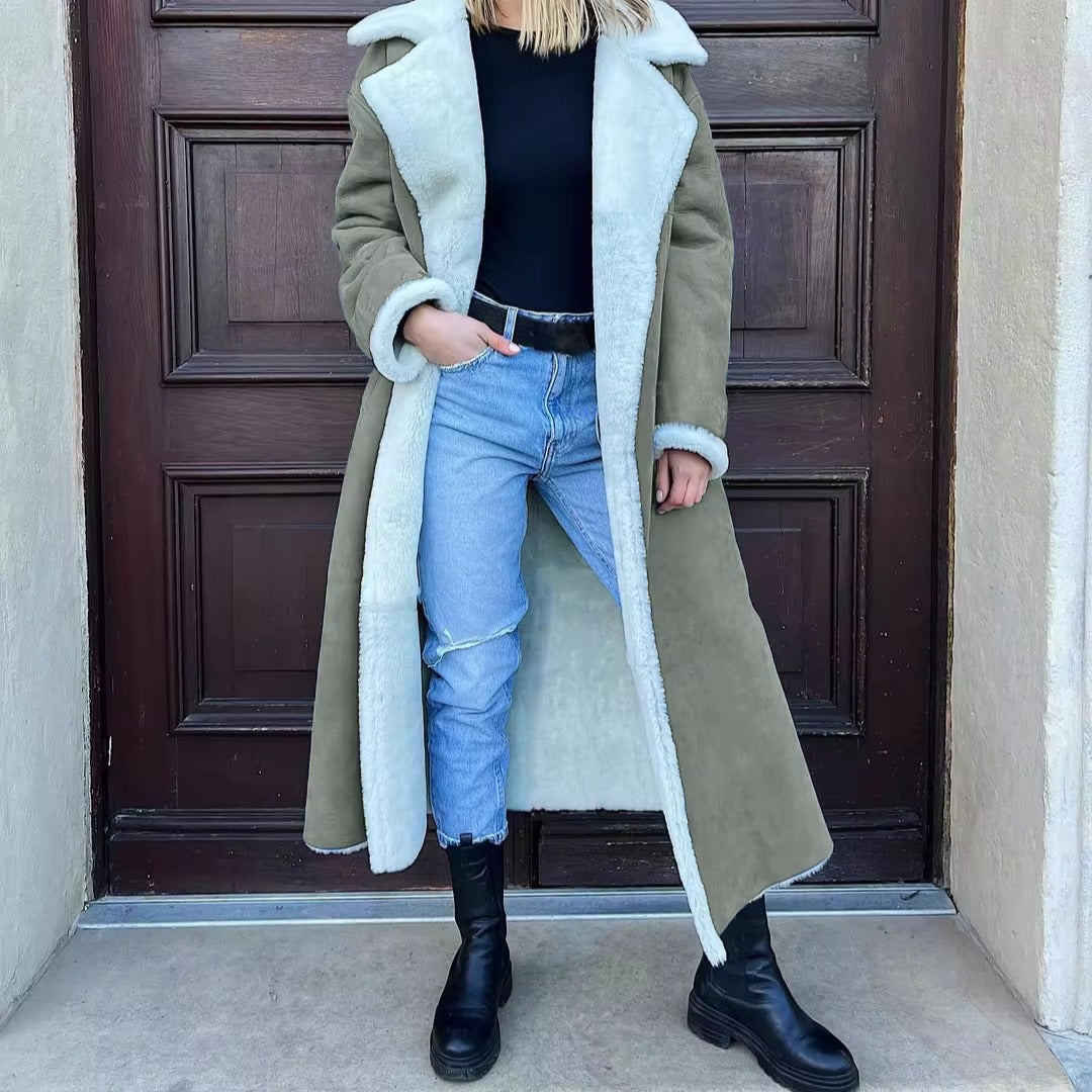 Elegant Turn Down Collar Full Sleeve Warm Thick Splice Maxi Jackets