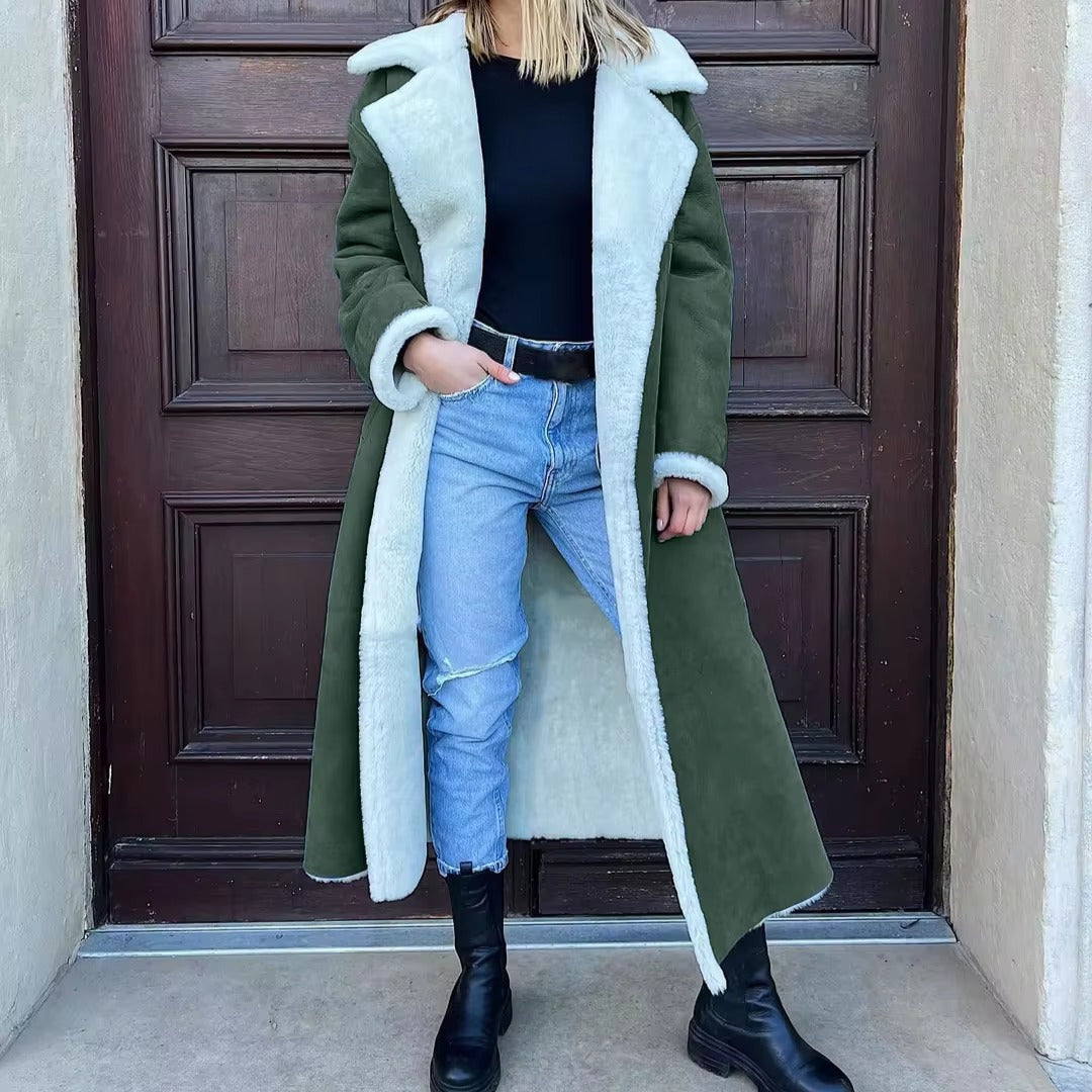 Elegant Turn Down Collar Full Sleeve Warm Thick Splice Maxi Jackets