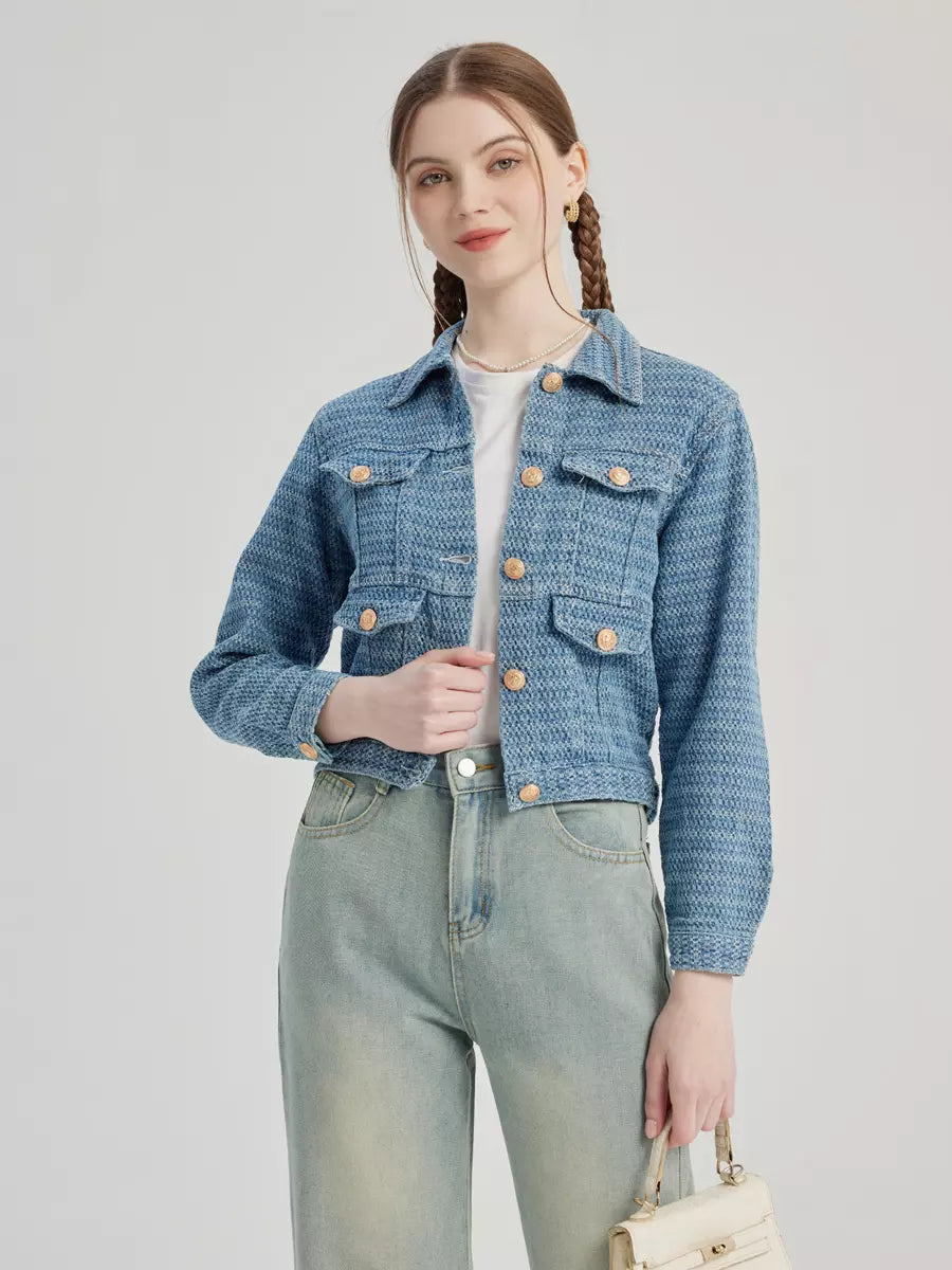 Elegant Turndown Collar Polyester Front Button Crop Jacket