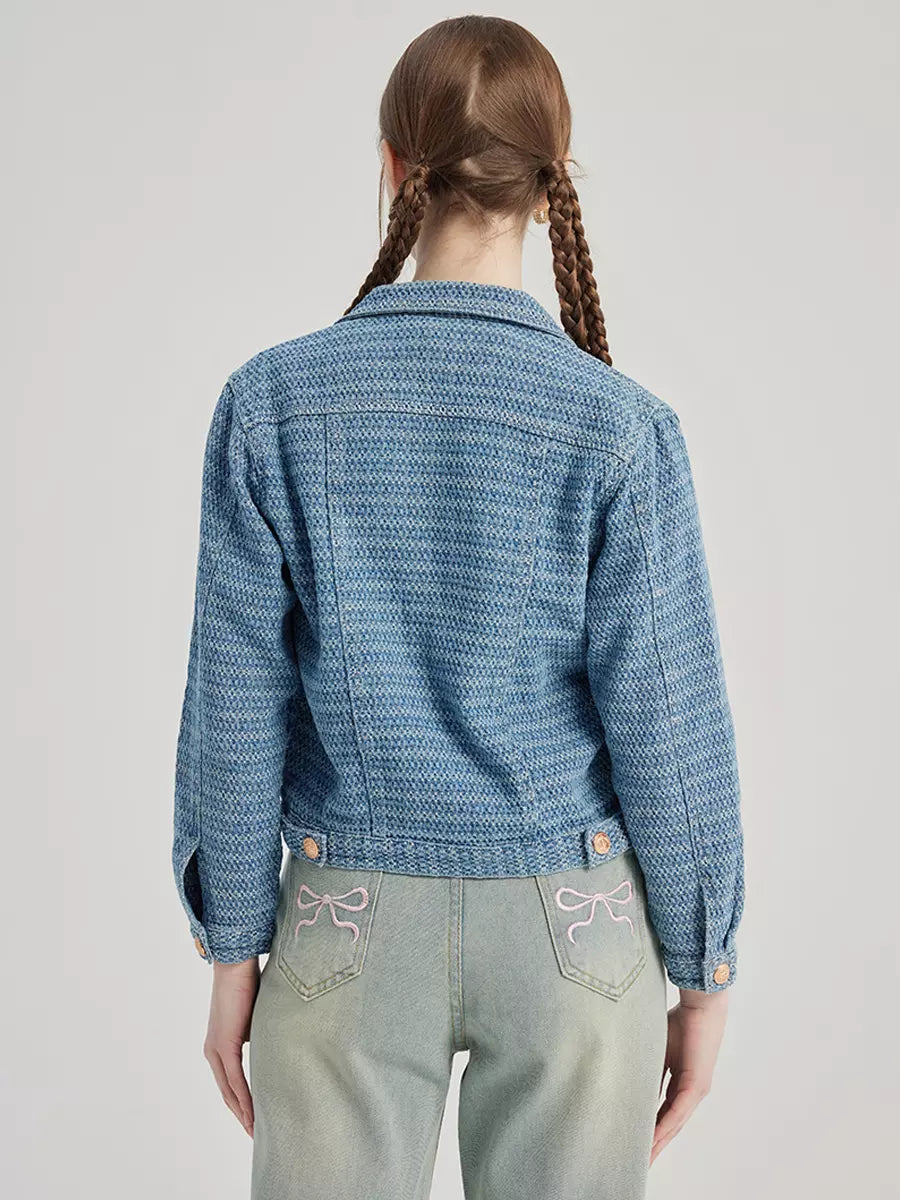 Elegant Turndown Collar Polyester Front Button Crop Jacket