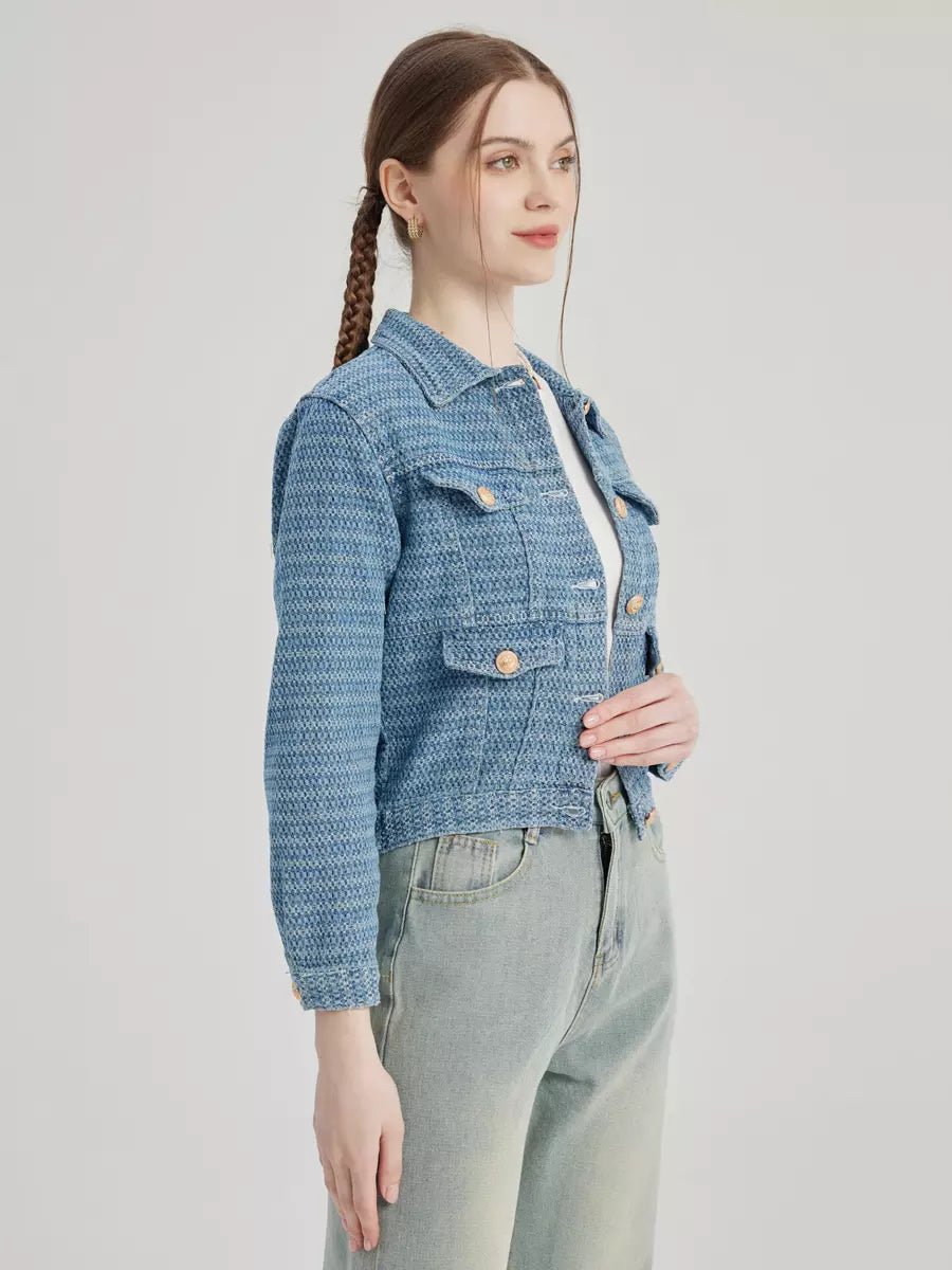 Elegant Turndown Collar Polyester Front Button Crop Jacket